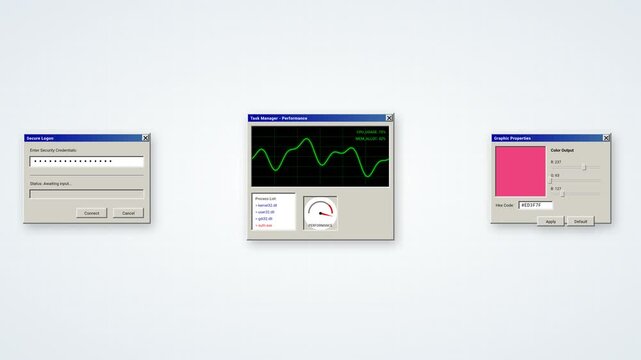 Retro classic Windows UI elements and vintage operating system windows animation loop, 4K motion graphics