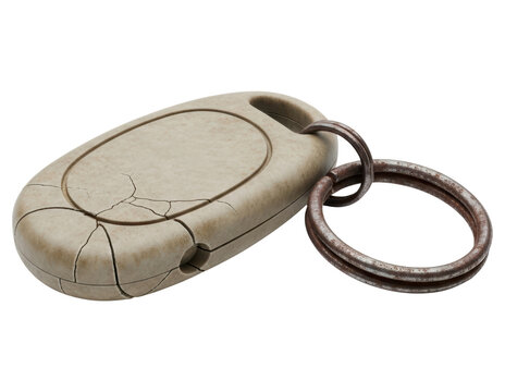 Cracked old car key fob on rusty ring isolated with transparent background