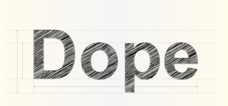 Bold dope word design with artistic sketched shading effect and precise engineering measurement guidelines for creative compositions