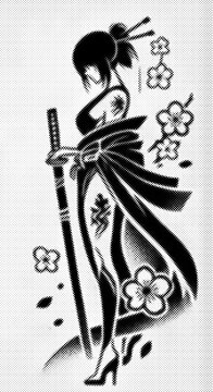 Stylized halftone illustration of a japanese female warrior holding a katana sword with floral accents transparent background