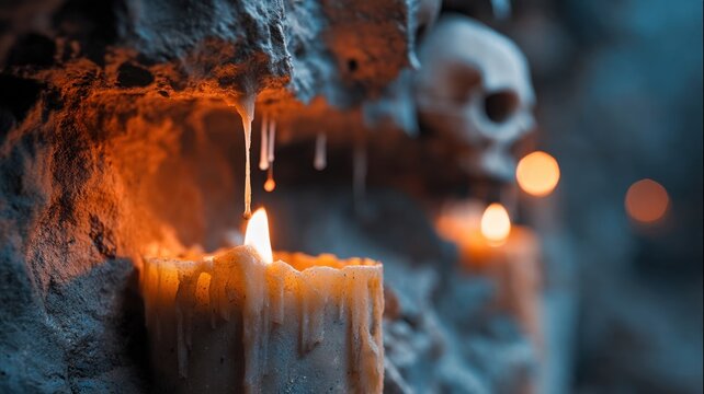 Dripping Orange Wax And Small Flame In A Shadowy Catacomb Passage