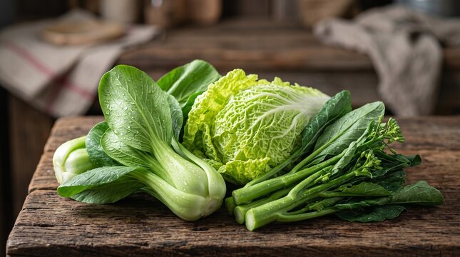 Fresh bok choy napa cabbage Chinese broccoli green vegetables on rustic wooden table