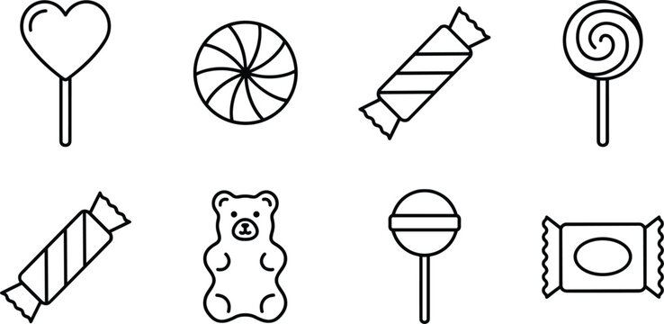 Cute candy and lollipop line icons including heart, wrapped sweets, gummy bear and chocolate bar vector set