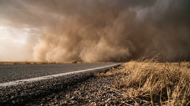 Massive dust storm haboob rolling over an empty country road in the desert