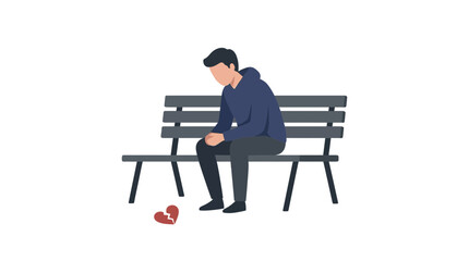 Fototapeta premium Sad Man Sitting Alone on Bench with Broken Heart Illustration
