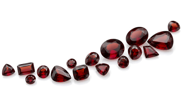 Garnet gemstone collection arranged in an elegant flowing composition, deep rich red faceted stones with brilliant natural reflections, isolated on a pristine pure white background