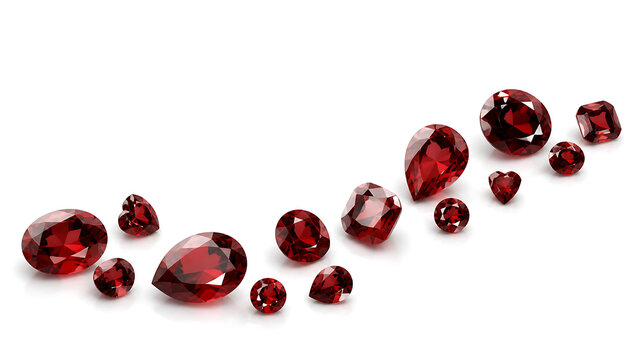 Garnet gemstone collection arranged in an elegant flowing composition, deep rich red faceted stones with brilliant natural reflections, isolated on a pristine pure white background