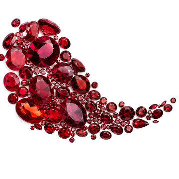 Elegant cluster of faceted garnet gemstones arranged like a graceful gemstone wave, rich red tones transitioning from crimson to dark burgundy, sparkling highlights, isolated on a spotless pure white 