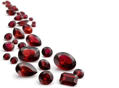 Artfully arranged garnet gemstones creating a flowing diagonal composition from foreground to background, varied faceted shapes, luxurious crimson and burgundy color palette