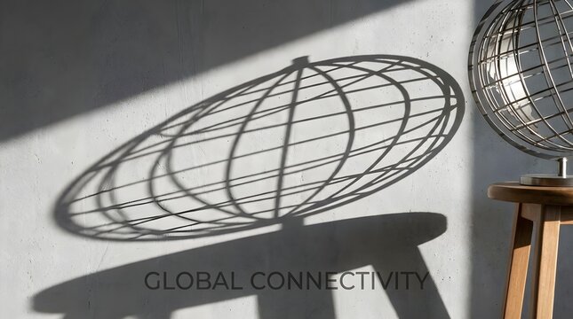 Global connectivity concept with wireframe globe shadow, metallic world map sphere on wooden stool, modern business communication