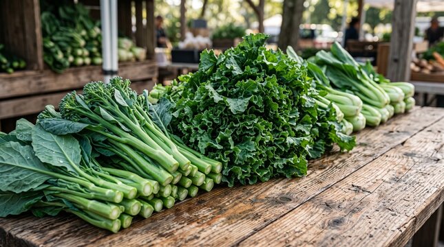 Fresh organic green vegetables kale broccolini and bok choy at farmers market table