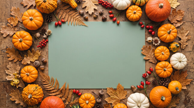 Autumn harvest composition with pumpkins, dried leaves, berries, and acorns frame on wooden background with copy space in the center
