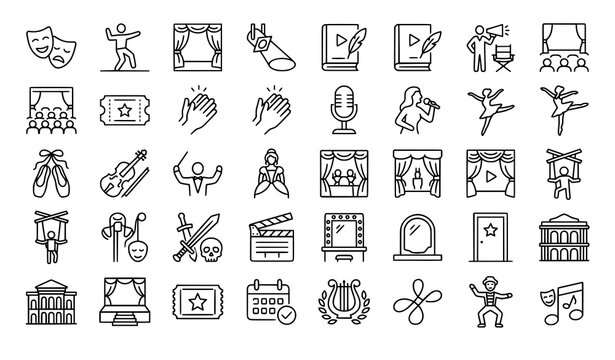 Drama and performing arts line icons with theatre masks actors stage curtains music dance and cultural events