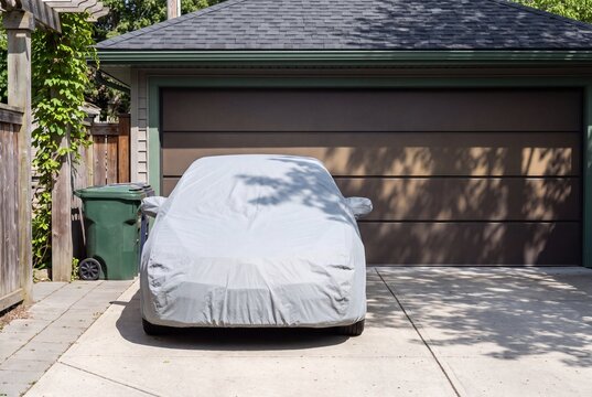 A car covered with a light grey protective tarp sits parked on a concrete driveway in front of a closed brown garage door