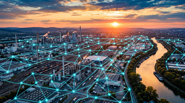 Industrial complex at sunset with glowing blue network overlay symbolizing connectivity, smart manufacturing, and iot in supply chain management