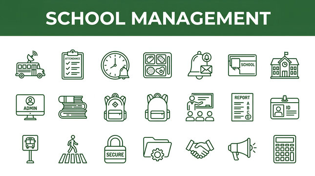 Streamlined collection of linear vector icons representing crucial aspects of school management, education administration, and efficient academic campus organization