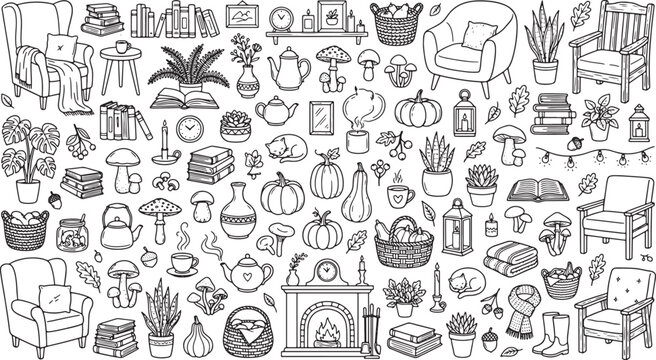 Cozy home interior elements collection featuring furniture plants books and autumn decor in a hand drawn doodle style