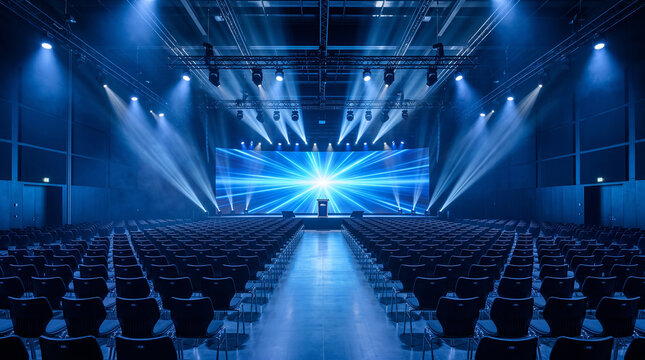 Empty conference hall with a large stage, bright blue light beams, and rows of chairs arranged for a corporate event or presentation in a modern venue