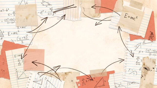 Abstract educational background with a circular flow of ideas and scientific formulas on torn paper, symbolizing continuous learning and problem-solving process
