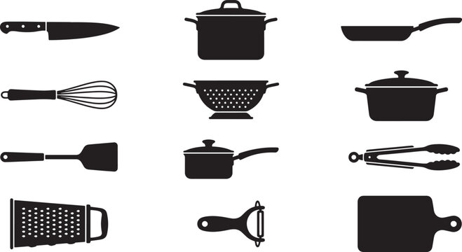 Set of black kitchen utensil icons featuring cookware and food preparation tools in a flat vector style