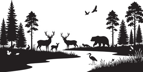 Fototapeta premium Black silhouette of wild animals in a forest landscape by a river vector illustration