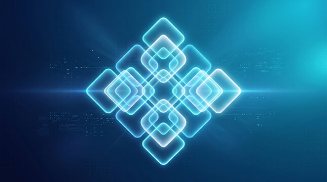 Abstract digital background with glowing neon squares arranged in a geometric pattern, representing technology, connectivity, and data network concepts