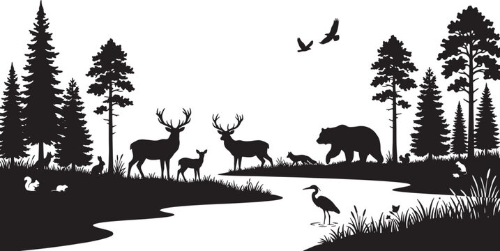 Black silhouette of wild animals in a forest landscape by a river vector illustration