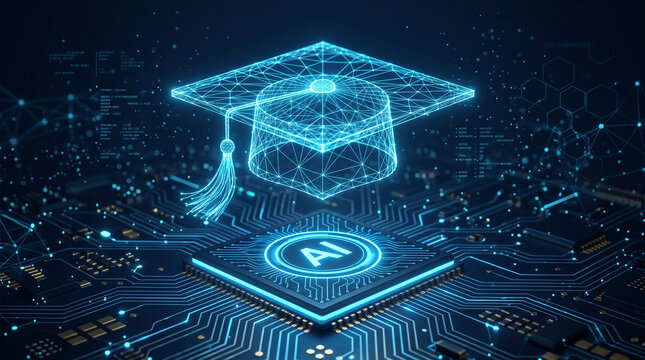 Digital concept of artificial intelligence in education with a glowing wireframe graduation cap hovering above a futuristic computer processor chip on a circuit board