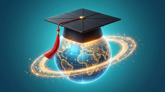 Graduation cap resting on a glowing digital globe with golden rings representing global education, academic achievement, and international learning opportunities
