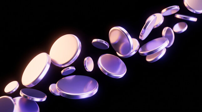 Abstract 3d render of floating metallic coins or circular discs with soft purple and orange lighting against a dark black background