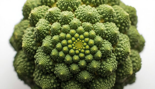 Fresh romanesco broccoli vegetable closeup showing intricate fractal pattern with romanesco broccoli vegetable geometry fibonacci structure vegetarian nutrition ingredient agriculture