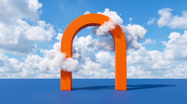 3d render of a bright orange arch standing on a blue surface against a blue sky with fluffy white clouds, surreal minimalist landscape design