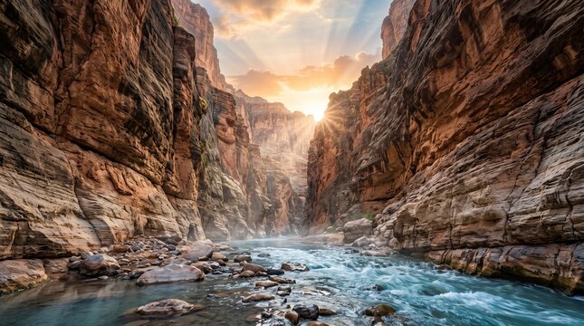 Sunburst over river flowing through deep rock canyon at sunrise landscape photograph