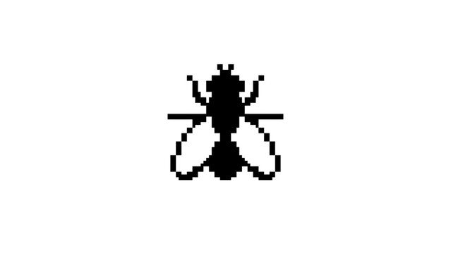 Pixel art fly insect silhouette black icon.