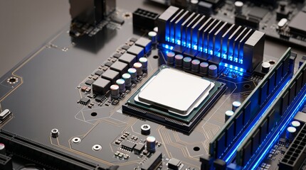 Fototapeta premium Computer motherboard with central CPU processor chip and blue illuminated RAM memory slot