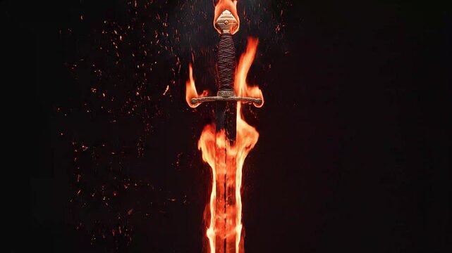 Sharp Medieval Dagger Blade Engulfed in Fiery Red Flames