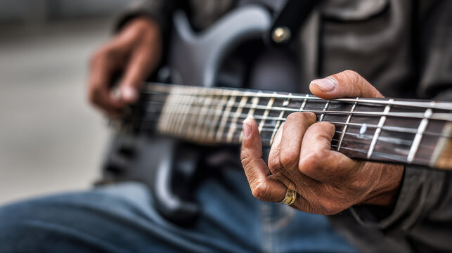 close-up of guitar player's fingers on strings