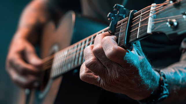 close-up of guitar player's fingers on strings