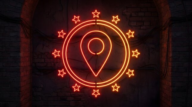 Neon location pin icon on brick wall, glowing orange map pointer with stars, urban navigation sign for travel and local business