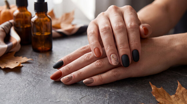 Hands manicure nail nail art autumn halloween woman finger hand fall orange black beige brown painted elegant beauty cosmetic salon spa style fashion closeup close up resting crossed relaxed skin