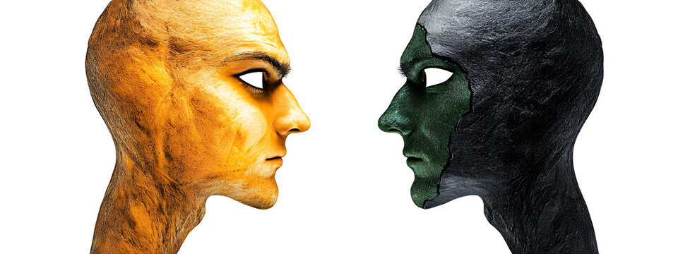 Gold and Dark Green Stylized Heads in Confrontation on Transparent Background