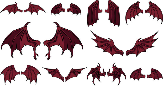 Spooky Red Devil Wing Vector Set Featuring Bat Demon Dragon and Gargoyle Style Wings for Halloween and Dark Fantasy Character Graphic Designs