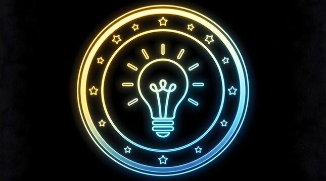 Glowing neon light bulb icon in circular frame, creative idea concept with stars, blue and yellow electric light on black background