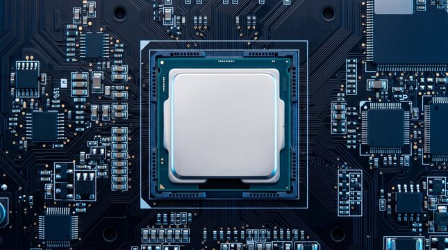 Central processing unit CPU processor mounted on computer motherboard top view