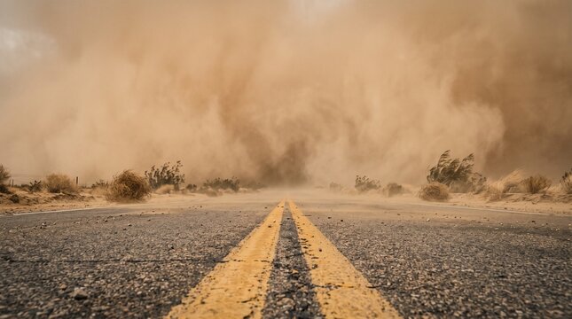 Massive dust storm haboob engulfing a desert highway road photo
