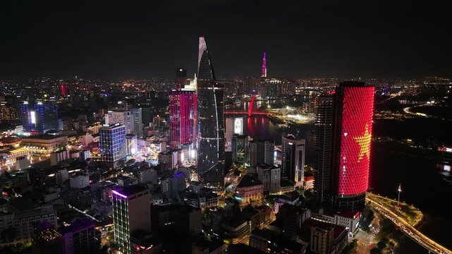 Aerial view of the skyline and nightscape of Ho Chi Minh City, Vietnam