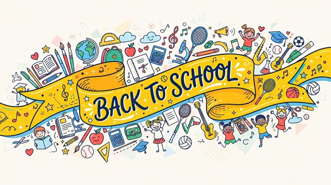 Back to school wide horizontal doodle banner with hand drawn educational icons text and supplies vector illustration