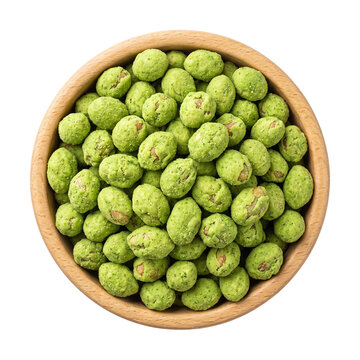Green Wasabi Peanuts in Wooden Bowl, Isolated Snack Food