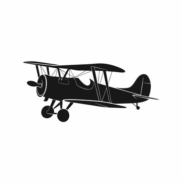 Vintage biplane vector silhouette, antique propeller aircraft icon, retro double-wing airplane graphic for aviation logos