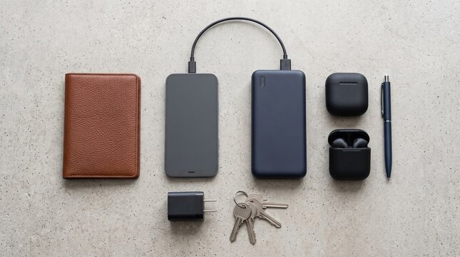 Power bank charging smartphone with everyday carry accessories top view
